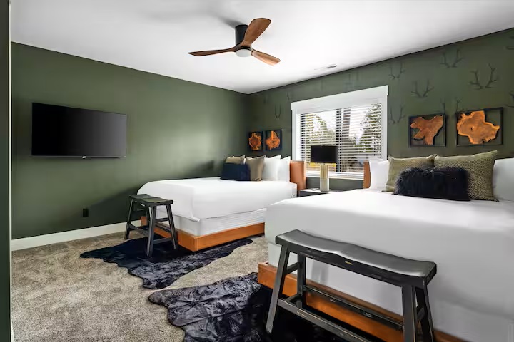 Green bedroom with two queen beds, TV and antler artwork